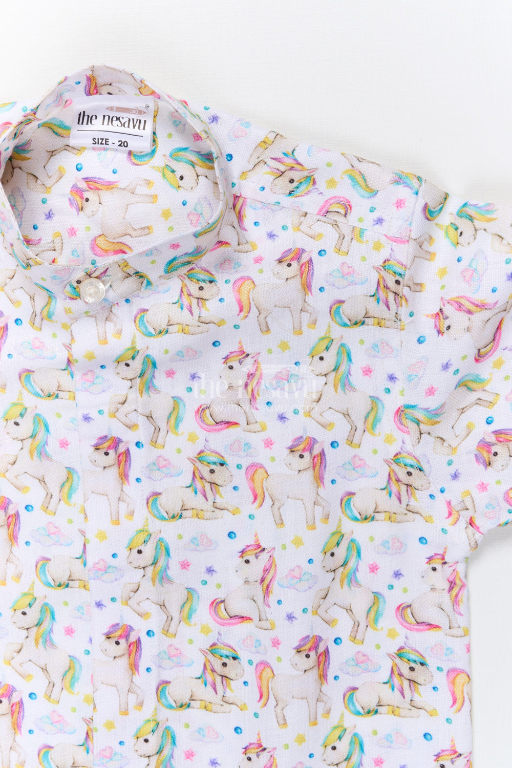 The Nesavu Boys Linen Shirt Boys Unicorn Print Linen Shirt for Birthdays and Playdates Nesavu Nesavu boys unicorn print linen shirt birthdays themed parties magical casual wear