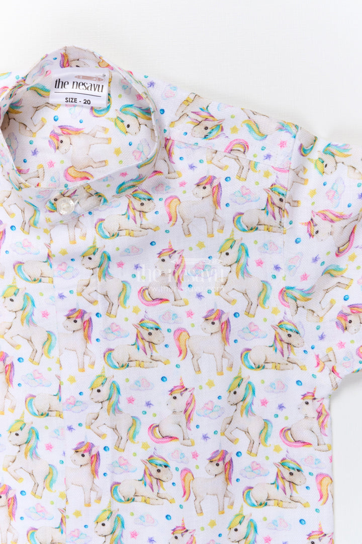 The Nesavu Boys Linen Shirt Boys Unicorn Print Linen Shirt for Birthdays and Playdates Nesavu Nesavu boys unicorn print linen shirt birthdays themed parties magical casual wear