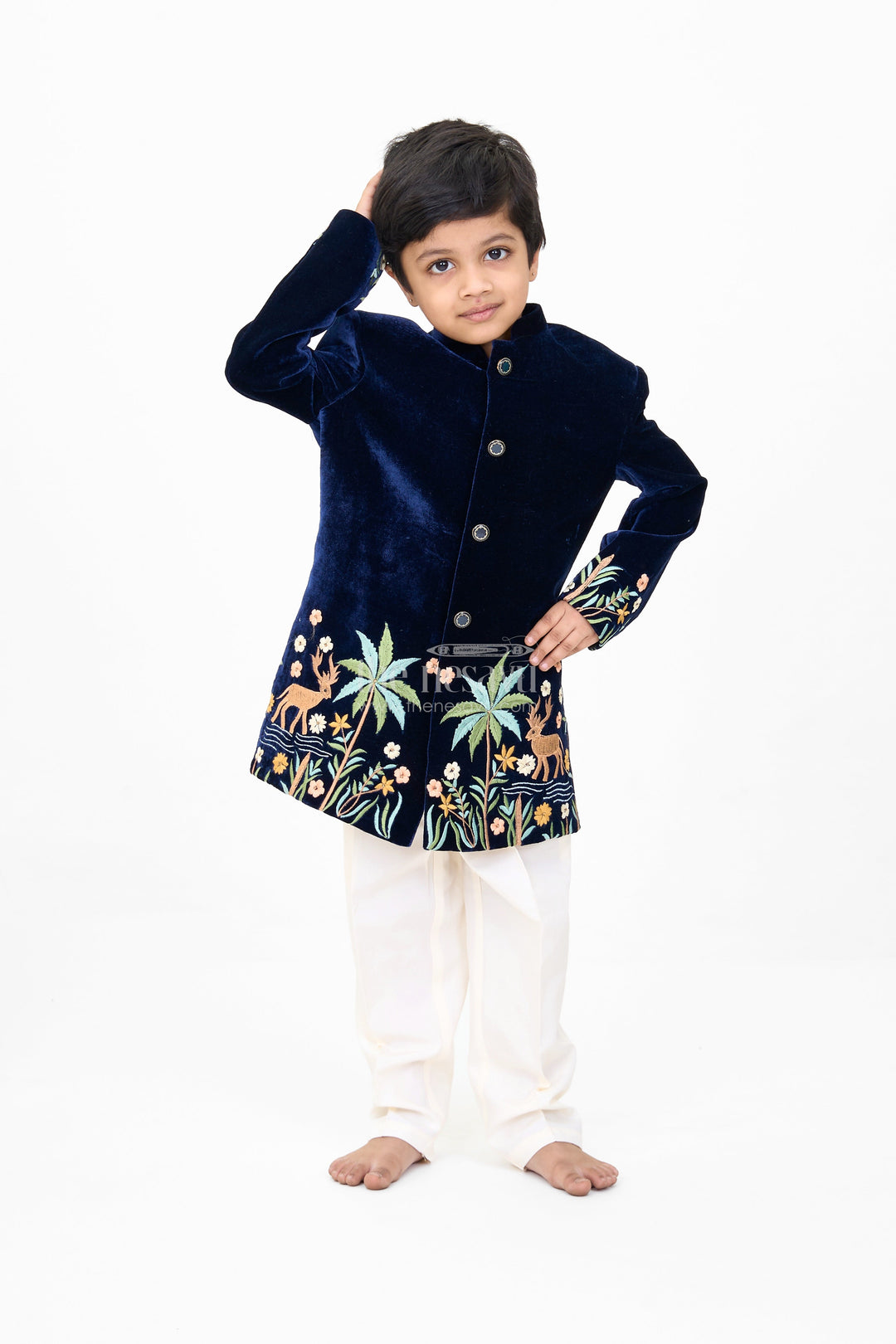 The Nesavu Boys Kurtha Set Boys Velvet Kurta Set with Embroidered Jacket and Cream Pants Nesavu Nesavu Boys Velvet Kurta Set Embroidered Jacket Cream Pants Weddings