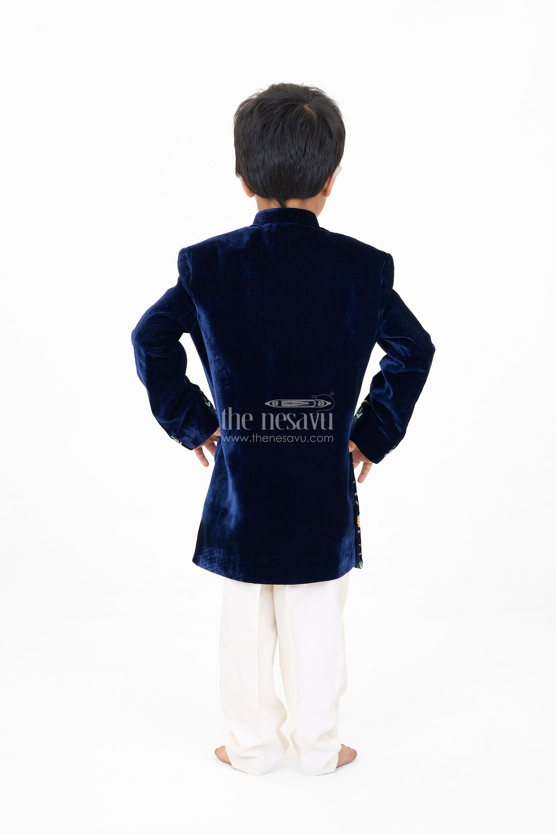 The Nesavu Boys Kurtha Set Boys Velvet Kurta Set with Embroidered Jacket and Cream Pants Nesavu Nesavu Boys Velvet Kurta Set Embroidered Jacket Cream Pants Weddings
