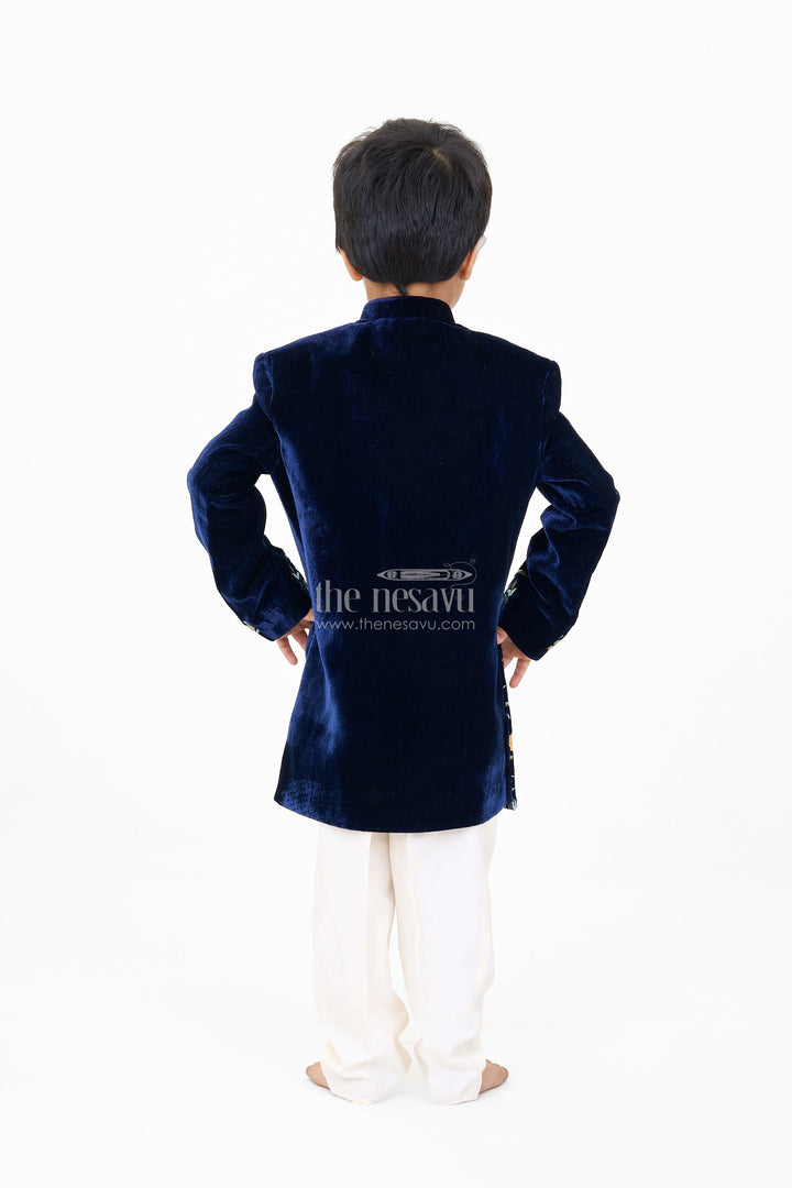 The Nesavu Boys Kurtha Set Boys Velvet Kurta Set with Embroidered Jacket and Cream Pants Nesavu Nesavu Boys Velvet Kurta Set Embroidered Jacket Cream Pants Weddings