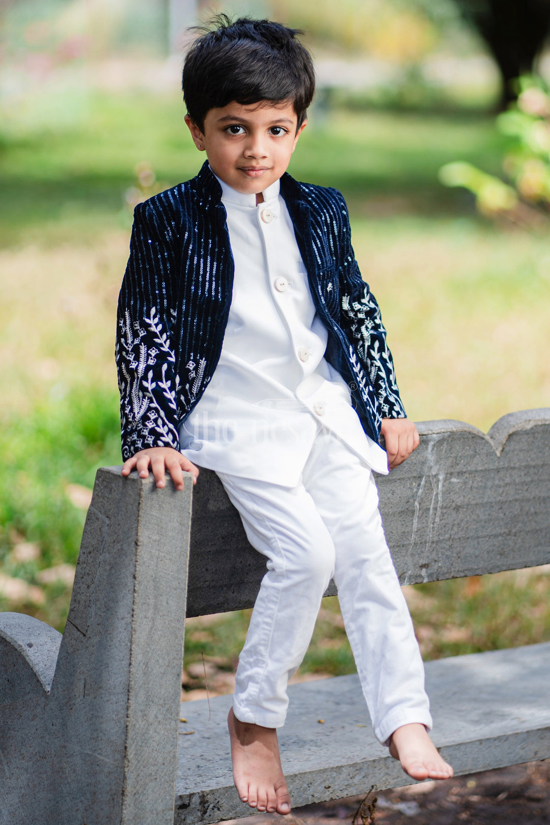 Nesavu Boys Blue Velvet Sherwani Set Embroidered Jacket White
