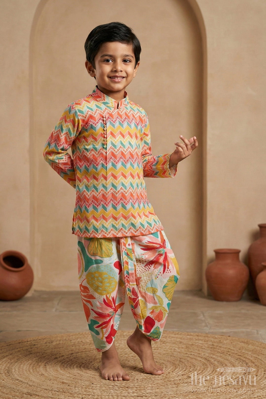 The Nesavu Boys Dothi Set Boys Vibrant Dhoti Kurta New Design with Printed Cotton Kurta and Tropical Dhoti Nesavu 16 (1Y) / Multicolor BES629A-16 Multicolor Printed Boys Dhoti Kurta Zigzag Kurta Floral Dhoti | The Nesavu