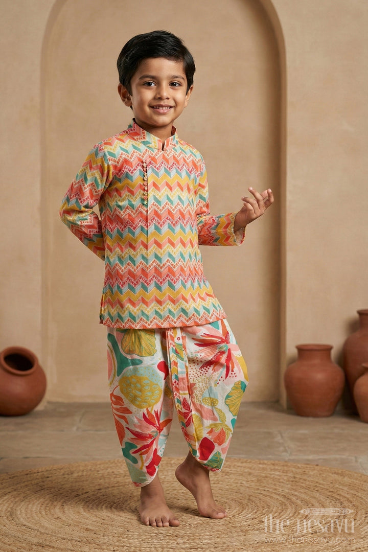 The Nesavu Boys Dothi Set Boys Vibrant Dhoti Kurta New Design with Printed Cotton Kurta and Tropical Dhoti Nesavu 16 (1Y) / Multicolor BES629A-16 Multicolor Printed Boys Dhoti Kurta Zigzag Kurta Floral Dhoti | The Nesavu