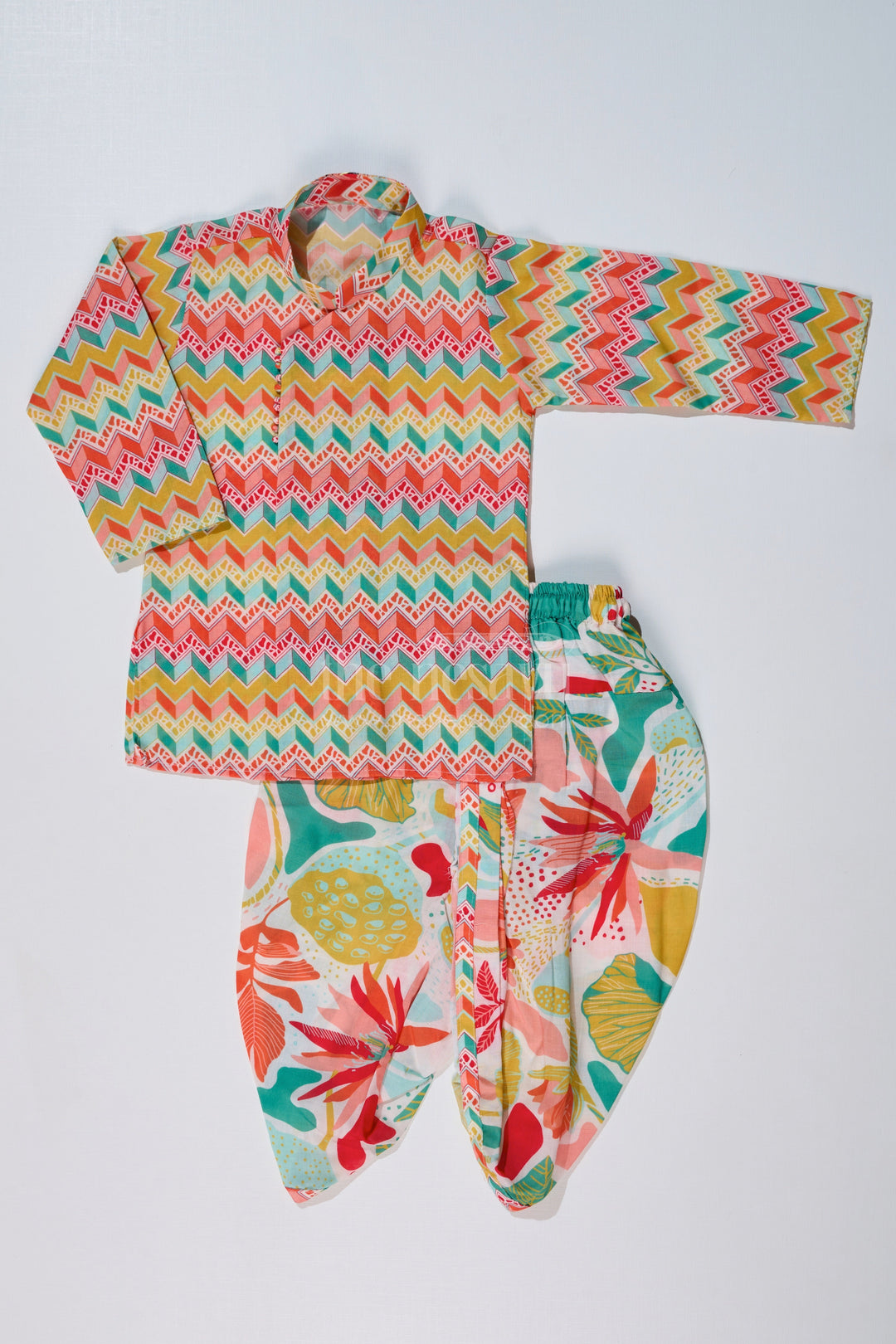 The Nesavu Boys Dothi Set Boys Vibrant Dhoti Kurta New Design with Printed Cotton Kurta and Tropical Dhoti Nesavu 16 (1Y) / Multicolor BES629A-16 Nesavu Multicolor Printed Boys Dhoti Kurta Zigzag Kurta Floral Dhoti