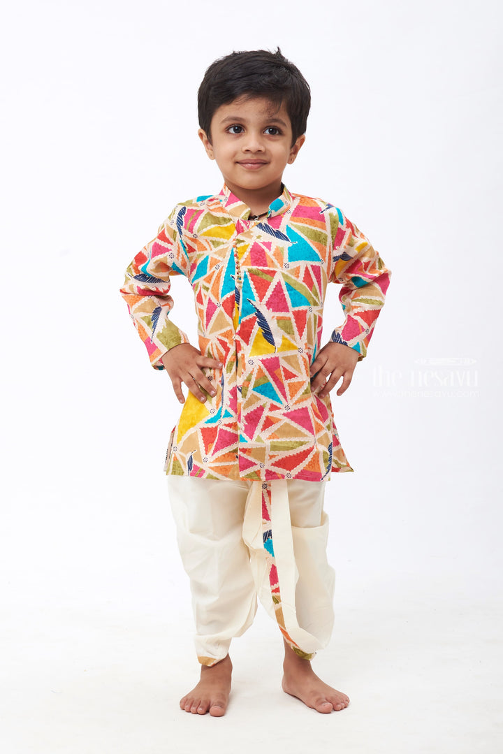 The Nesavu Boys Dothi Set Boys Vibrant Geometric Kurta with Pristine White Dhoti - Colorful Festive Wear Nesavu 12 (3M) / multicolor / Cotton BES446A-12 Boys Multi-Color Geometric Patterned Kurta & White Dhoti | Dynamic Traditional Ensemble | The Nesavu