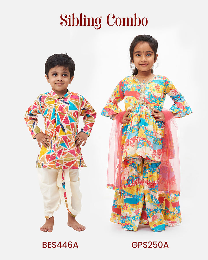 The Nesavu Boys Dothi Set Boys Vibrant Geometric Kurta with Pristine White Dhoti - Colorful Festive Wear Nesavu Boys Multi-Color Geometric Patterned Kurta & White Dhoti | Dynamic Traditional Ensemble | The Nesavu