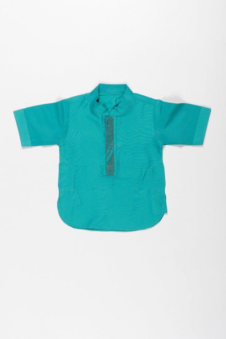 The Nesavu Boys Kurtha Shirt Boys Vibrant Teal Kurta Shirt - Traditional Elegance with a Modern Twist Nesavu 16 (1Y) / Blue / Blend Silk BS137B-16 Teal Boys Kurta Shirt | Sequin Detail | Comfortable Traditional Wear | The Nesavu