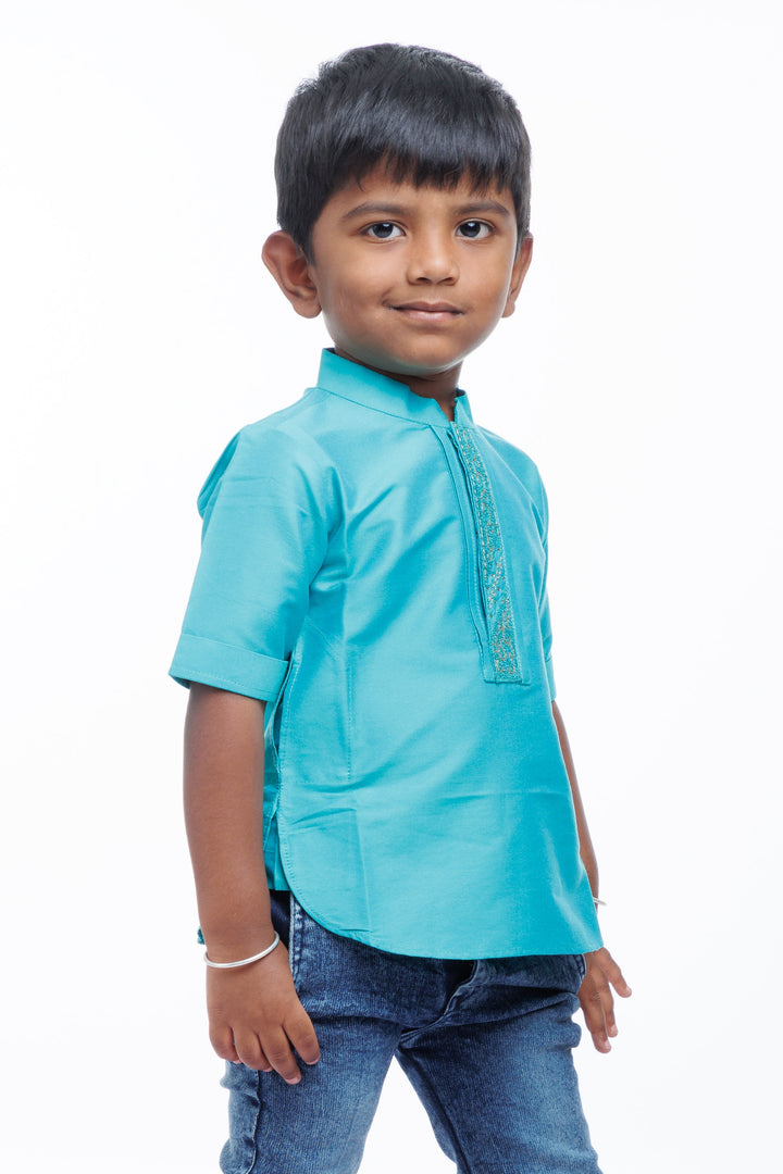 The Nesavu Boys Kurtha Shirt Boys Vibrant Teal Kurta Shirt - Traditional Elegance with a Modern Twist Nesavu Teal Boys Kurta Shirt | Sequin Detail | Comfortable Traditional Wear | The Nesavu