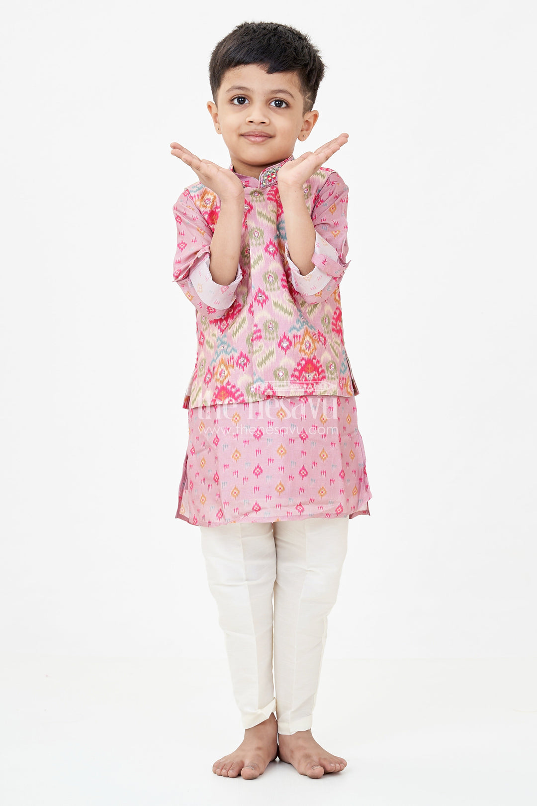 The Nesavu Boys Jacket Sets Boys Viscose Blend Jacket and Pants Set in Pink with Printed Kurta and Multicolor Ethnic Vest Nesavu Boys Viscose Blend Jacket Pants Set Pink Ikat Print Kurta Multicolor Nehru Jacket | The Nesavu