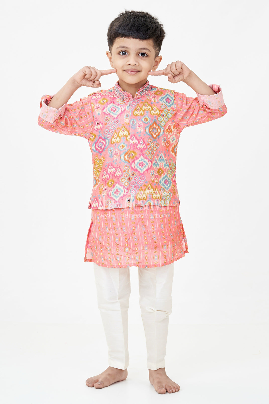 The Nesavu Boys Jacket Sets Boys Viscose Blend Jacket Pants Set in Coral with Printed Kurta and Festive Jacket Design Nesavu 18 (2Y) / Peach BES709A-18 Boys Festive Jacket Pants Set Coral Viscose Blend Traditional Printed Kurta Stylish Vest | The Nesavu