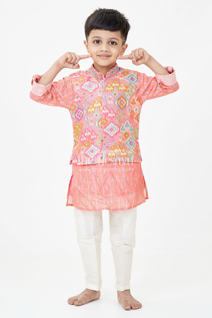 The Nesavu Boys Jacket Sets Boys Viscose Blend Jacket Pants Set in Coral with Printed Kurta and Festive Jacket Design Nesavu 18 (2Y) / Peach BES709A-18 Boys Festive Jacket Pants Set Coral Viscose Blend Traditional Printed Kurta Stylish Vest | The Nesavu