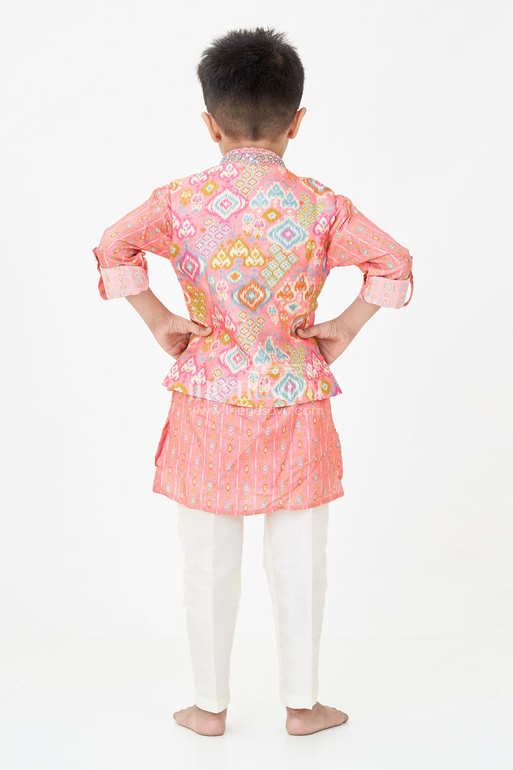 The Nesavu Boys Jacket Sets Boys Viscose Blend Jacket Pants Set in Coral with Printed Kurta and Festive Jacket Design Nesavu Boys Festive Jacket Pants Set Coral Viscose Blend Traditional Printed Kurta Stylish Vest | The Nesavu