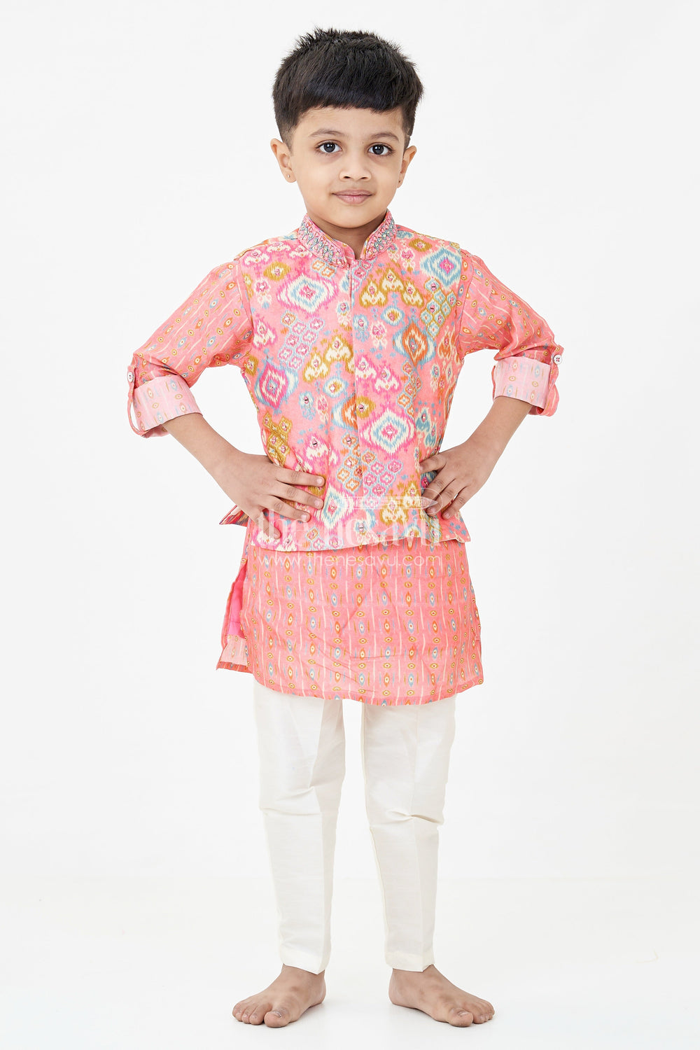 The Nesavu Boys Jacket Sets Boys Viscose Blend Jacket Pants Set in Coral with Printed Kurta and Festive Jacket Design Nesavu Boys Festive Jacket Pants Set Coral Viscose Blend Traditional Printed Kurta Stylish Vest | The Nesavu