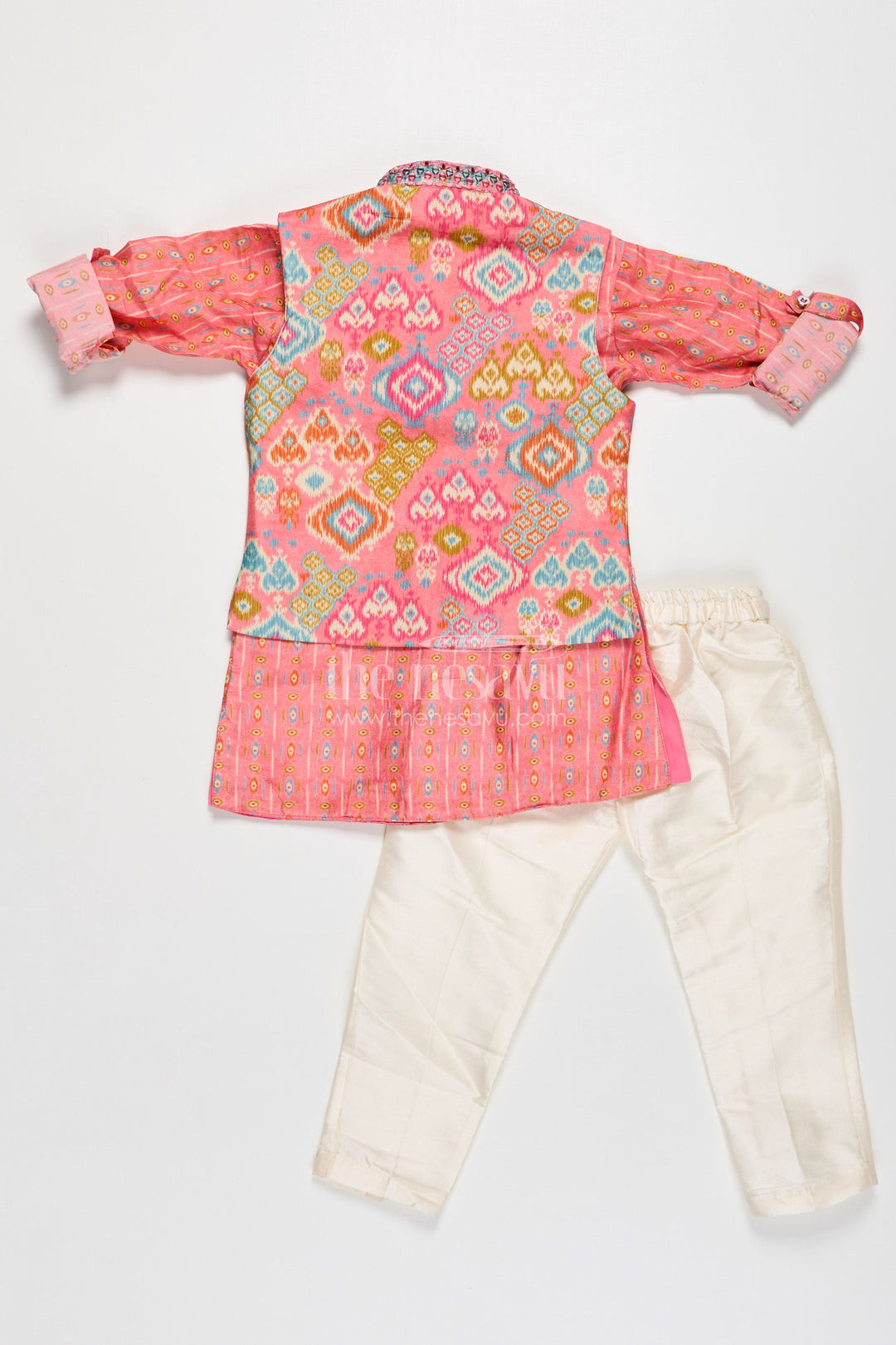 The Nesavu Boys Jacket Sets Boys Viscose Blend Jacket Pants Set in Coral with Printed Kurta and Festive Jacket Design Nesavu Boys Festive Jacket Pants Set Coral Viscose Blend Traditional Printed Kurta Stylish Vest | The Nesavu