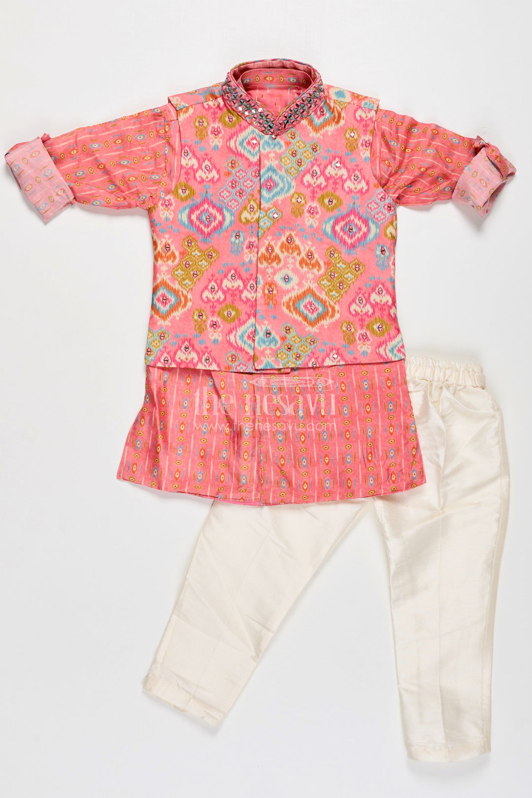 The Nesavu Boys Jacket Sets Boys Viscose Blend Jacket Pants Set in Coral with Printed Kurta and Festive Jacket Design Nesavu Boys Festive Jacket Pants Set Coral Viscose Blend Traditional Printed Kurta Stylish Vest | The Nesavu