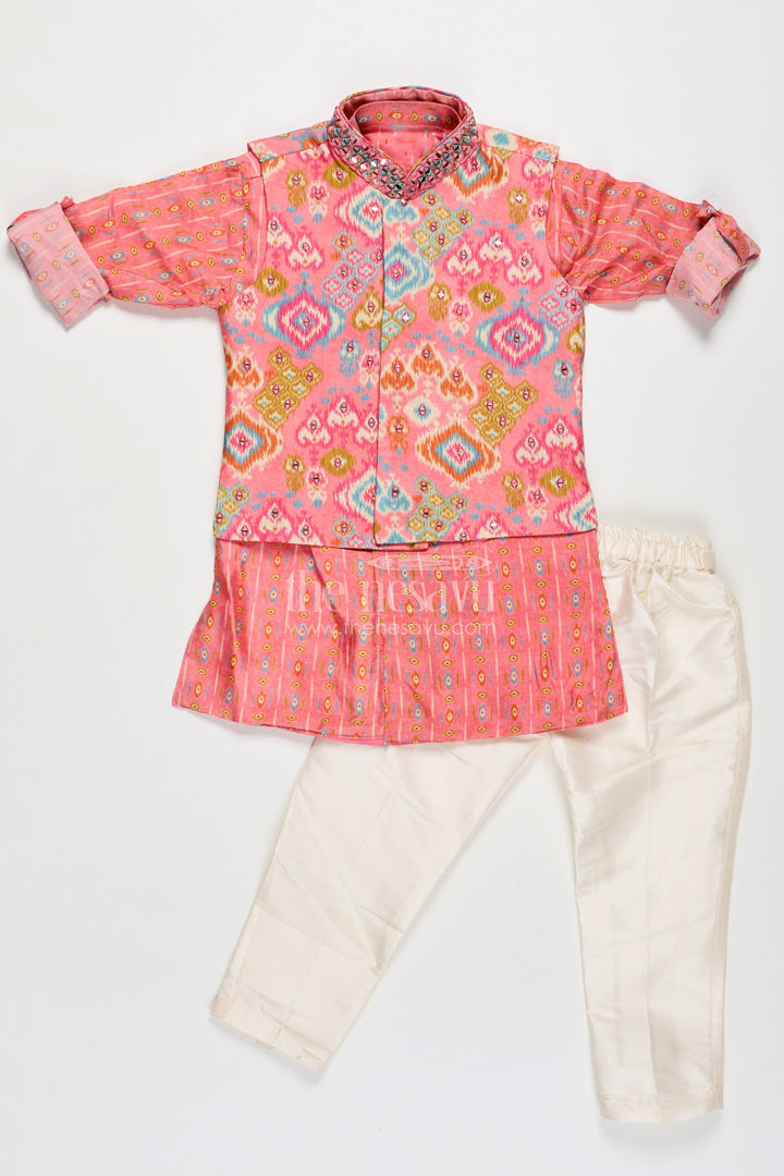 The Nesavu Boys Jacket Sets Boys Viscose Blend Jacket Pants Set in Coral with Printed Kurta and Festive Jacket Design Nesavu Boys Festive Jacket Pants Set Coral Viscose Blend Traditional Printed Kurta Stylish Vest | The Nesavu