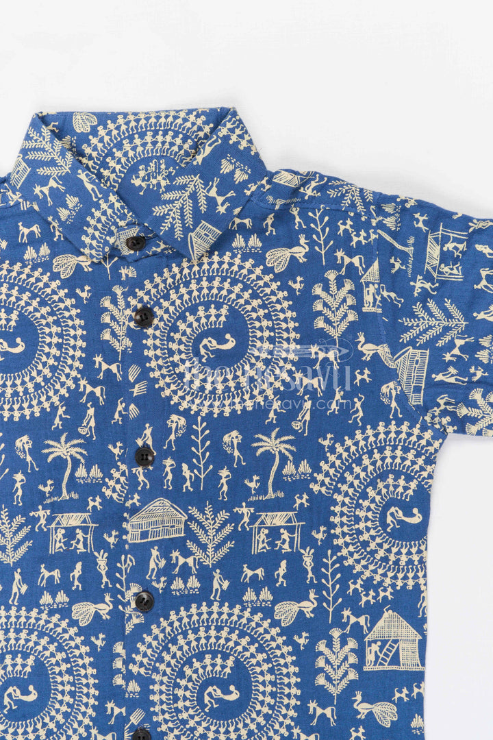 The Nesavu Boys Cotton Shirt Boys Warli Print Cotton Shirt for Festive Outings and Cultural Celebrations Nesavu Nesavu boys cotton warli print shirt for festive outings cultural events and casual wear