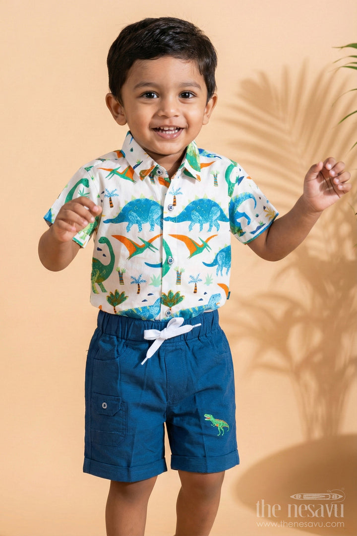 The Nesavu Boys Casual Set Boys Wear Casual Clothes Set with Dinosaur Digital Print Shirt and Navy Cargo Shorts Nesavu 14 (6M) / Cream BCS248A-14 Boys Wear Casual Clothes Set Dinosaur Print Shirt Navy Blue Shorts | The Nesavu