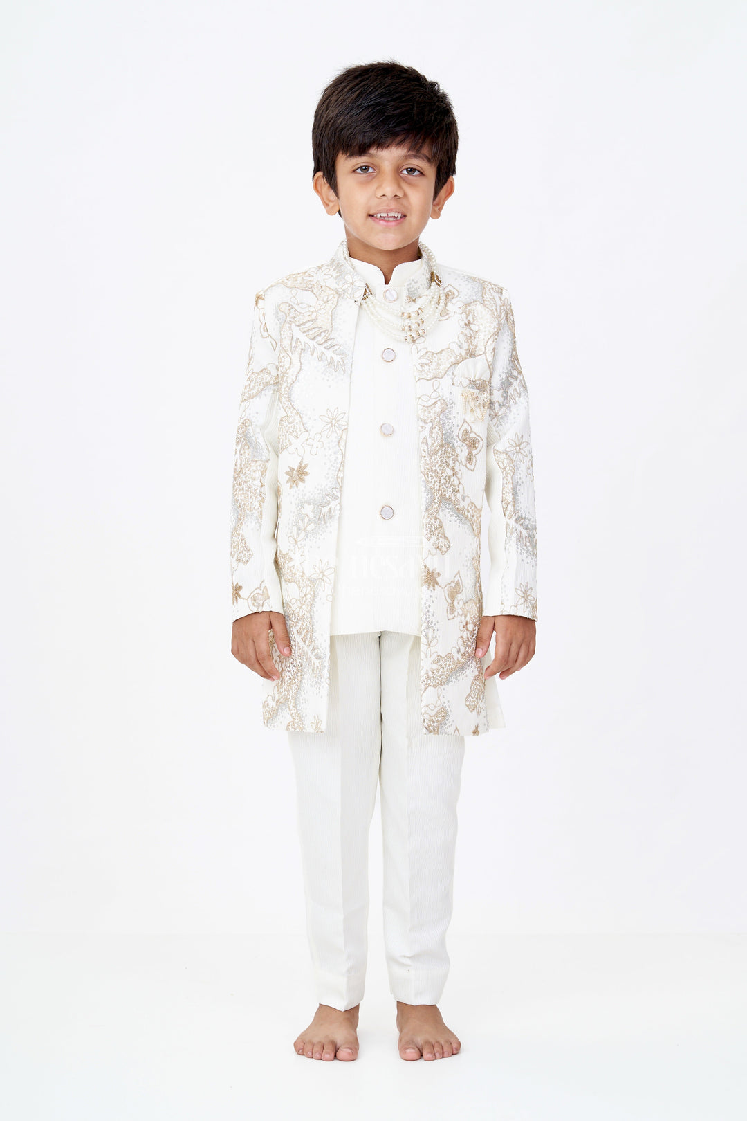 The Nesavu Boys Jacket Sets Boys Wedding Kurta with Jacket in Silk Blend with Designer Embroidery and Regal Detailing Nesavu 14 (6M) / Cream BES644A-14 Nesavu Boys Wedding Kurta Jacket Silk Blend Designer Embroidery Ornamental Brooch
