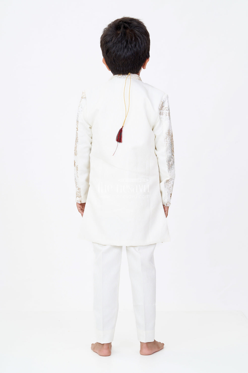 The Nesavu Boys Jacket Sets Boys Wedding Kurta with Jacket in Silk Blend with Designer Embroidery and Regal Detailing Nesavu Nesavu Boys Wedding Kurta Jacket Silk Blend Designer Embroidery Ornamental Brooch