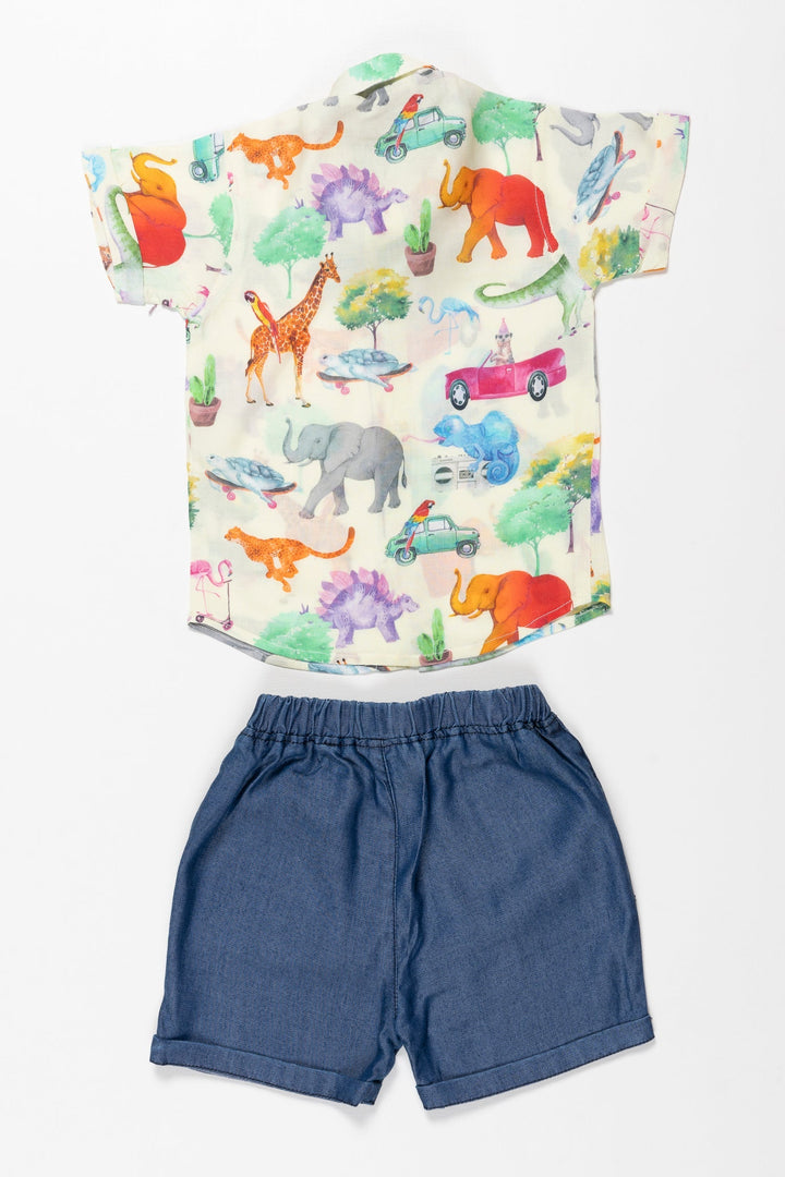 The Nesavu Boys Casual Set Boys Whimsical Wildlife Printed Shirt & Shorts Set - Vibrant Summer Attire Nesavu Shop Boys Summer Safari Shirt & Shorts Set | Perfect for Playdates & Parties | The Nesavu