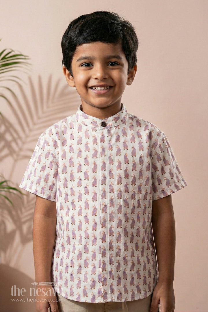 The Nesavu Boys Cotton Shirt Boys White Cotton Shirt with Playful Rabbit Print and Short Sleeves for Casual Wear Nesavu 16 (1Y) / White BS179A-16 Nesavu Boys White Cotton Shirt Rabbit Print Short Sleeves Fun Playful Outings