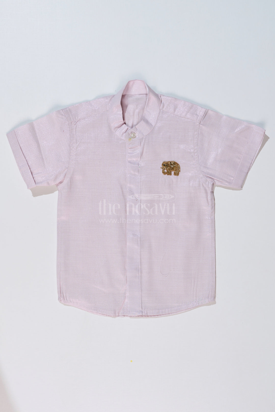 The Nesavu Boys Silk Shirt Boys White Half Shirt with Embroidered Elephant Motif and Mandarin Collar Nesavu 16 (1Y) / Silver BS222AB-16 Nesavu Boys White Half Shirt Elephant Embroidery Mandarin Collar