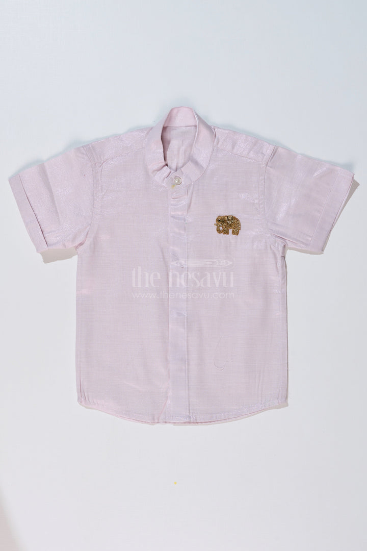 The Nesavu Boys Silk Shirt Boys White Half Shirt with Embroidered Elephant Motif and Mandarin Collar Nesavu 16 (1Y) / Silver BS222AB-16 Nesavu Boys White Half Shirt Elephant Embroidery Mandarin Collar