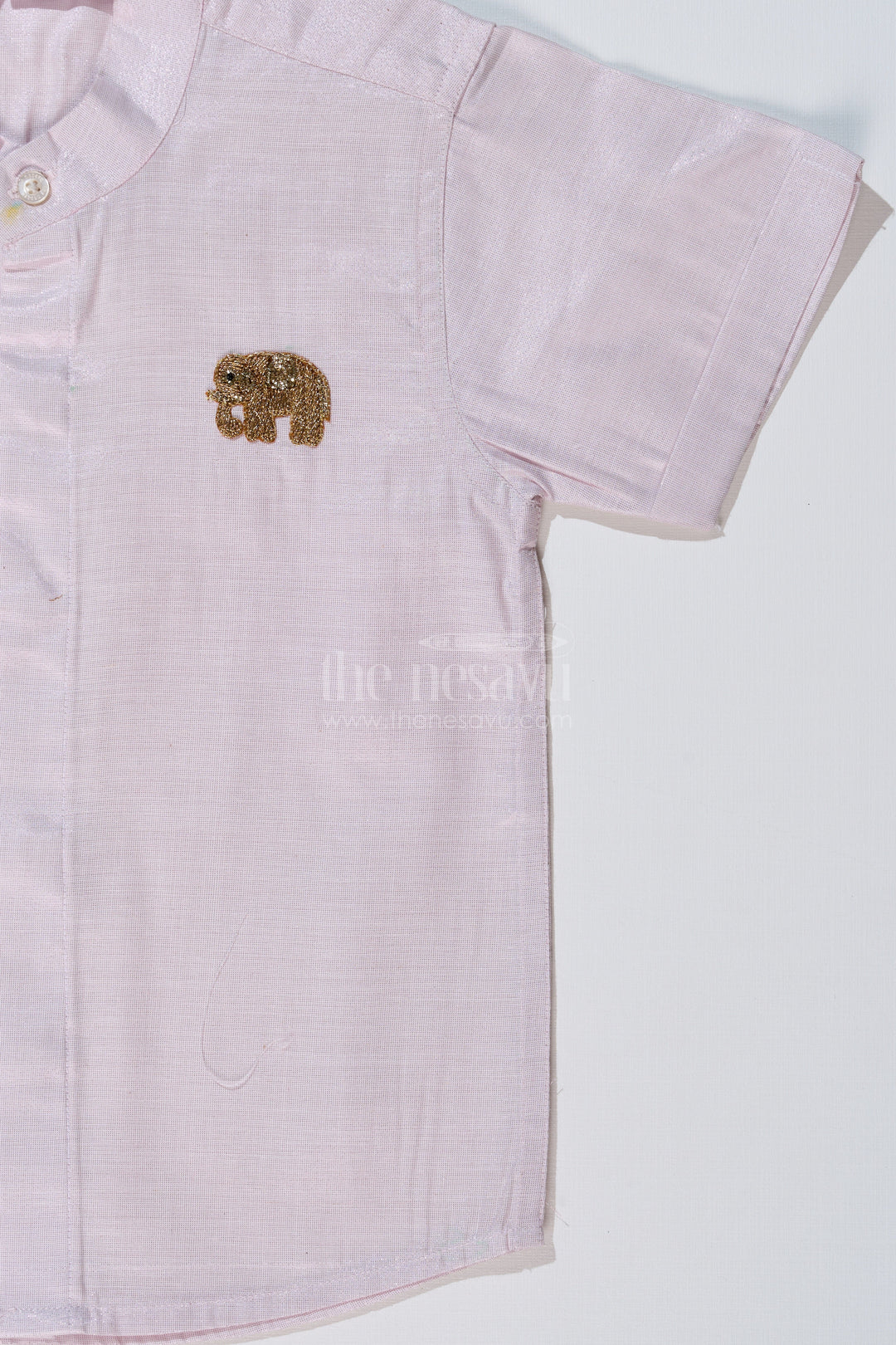 The Nesavu Boys Silk Shirt Boys White Half Shirt with Embroidered Elephant Motif and Mandarin Collar Nesavu Nesavu Boys White Half Shirt Elephant Embroidery Mandarin Collar