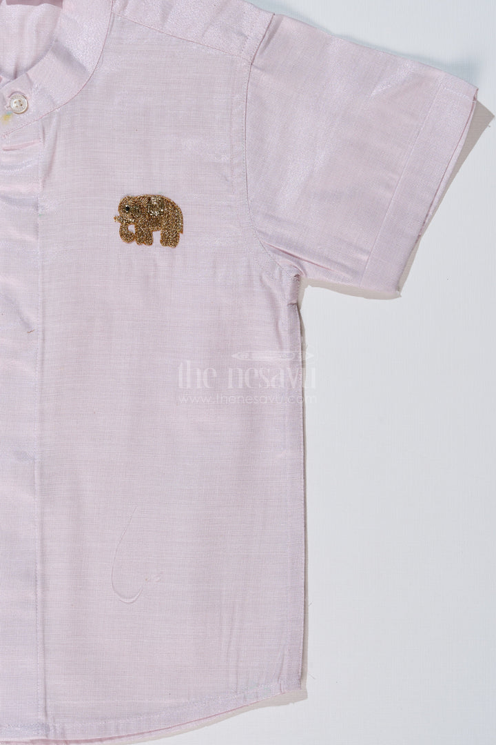 The Nesavu Boys Silk Shirt Boys White Half Shirt with Embroidered Elephant Motif and Mandarin Collar Nesavu Nesavu Boys White Half Shirt Elephant Embroidery Mandarin Collar