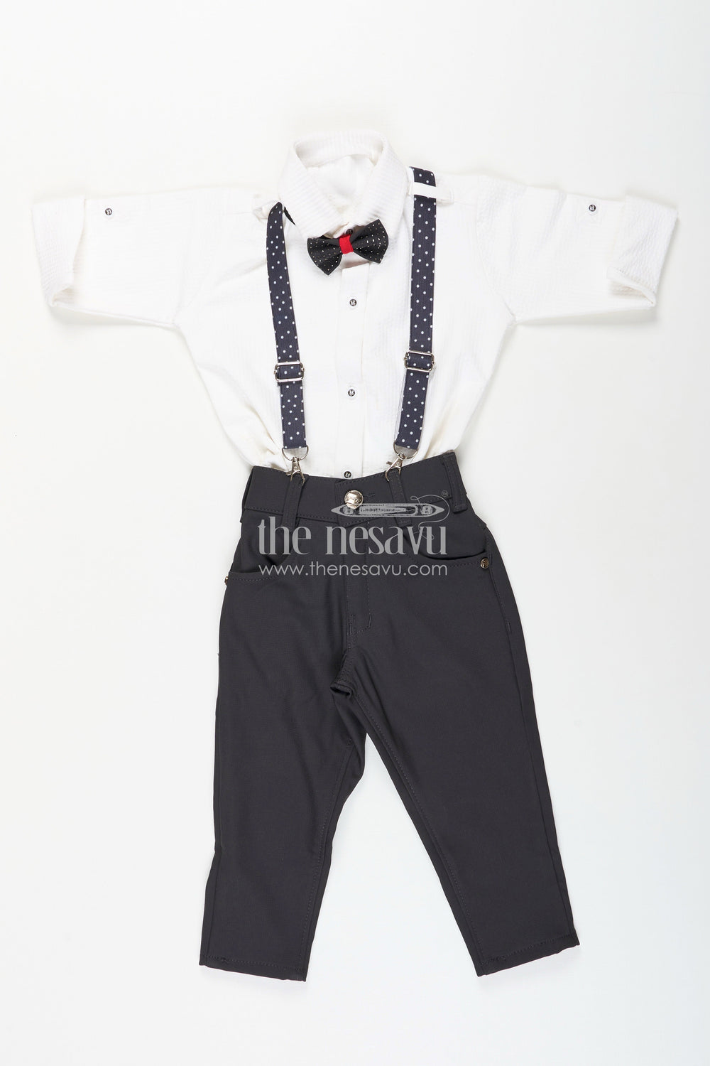 The Nesavu Boys Casual Set Boys white party outfit with suspenders and cap set Nesavu 14 (6M) / Blue / Style 1 BCS398AA-14 Nesavu boys formal party outfit with bowtie, suspenders, and cap perfect for birthdays and weddings