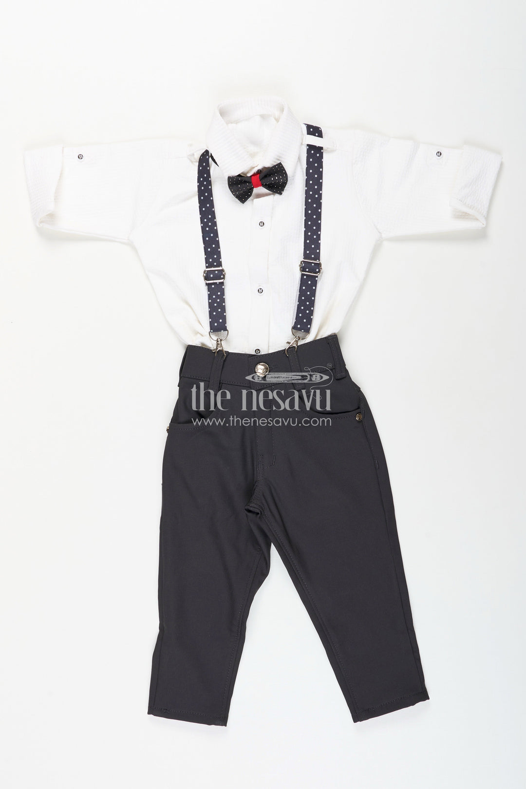 The Nesavu Boys Casual Set Boys white party outfit with suspenders and cap set Nesavu 14 (6M) / Blue / Style 1 BCS398AA-14 Nesavu boys formal party outfit with bowtie, suspenders, and cap perfect for birthdays and weddings
