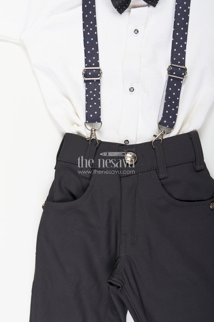 The Nesavu Boys Casual Set Boys white party outfit with suspenders and cap set Nesavu Nesavu boys formal party outfit with bowtie, suspenders, and cap perfect for birthdays and weddings