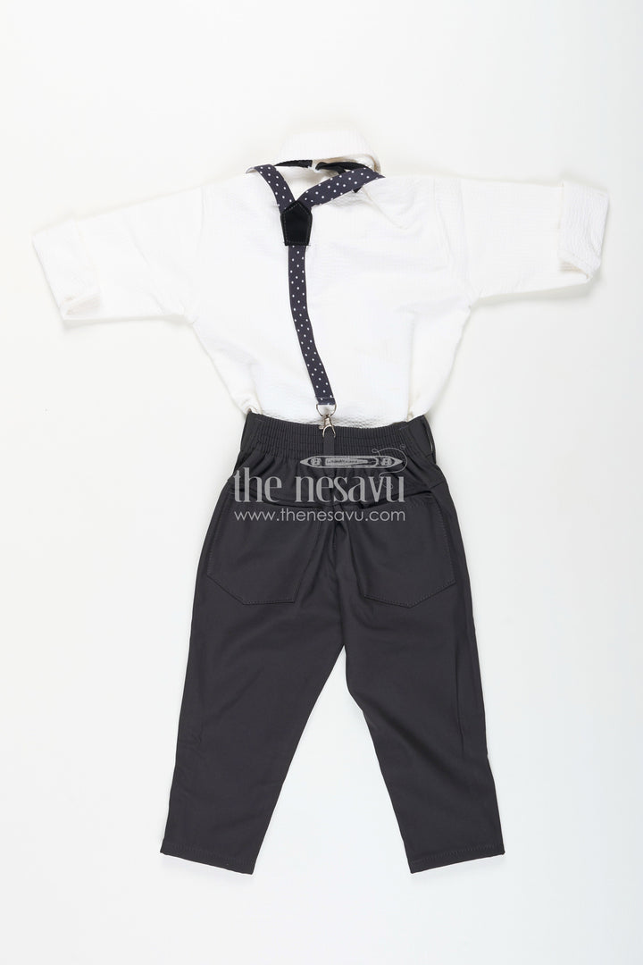 The Nesavu Boys Casual Set Boys white party outfit with suspenders and cap set Nesavu Nesavu boys formal party outfit with bowtie, suspenders, and cap perfect for birthdays and weddings