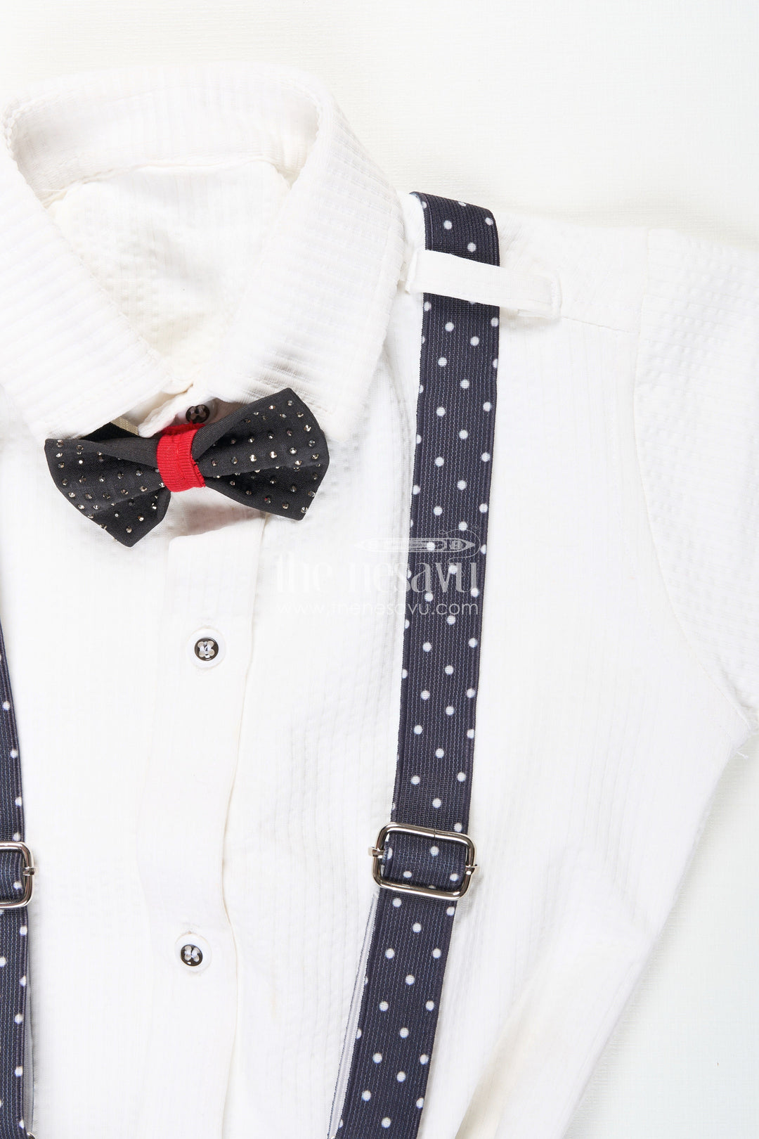 The Nesavu Boys Casual Set Boys white party outfit with suspenders and cap set Nesavu Nesavu boys formal party outfit with bowtie, suspenders, and cap perfect for birthdays and weddings