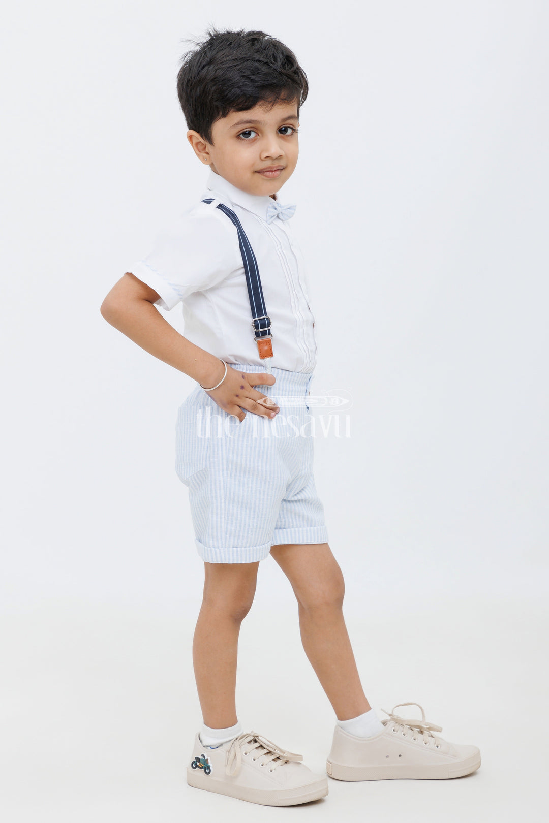 The Nesavu Boys Casual Set Boys White Tuxedo Shirt with Anchor Embroidery and Striped Shorts Set Nesavu Boys White Tuxedo Shirt with Anchor Embroidery and Striped Shorts Set Nesavu