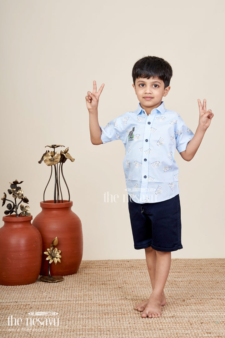 The Nesavu Boys Casual Set Boys white zebra print shirt and denim shorts set Nesavu 14 (6M) / Blue BCS394A-14 Nesavu boys white zebra print shirt and black denim shorts set stylish casual outfit
