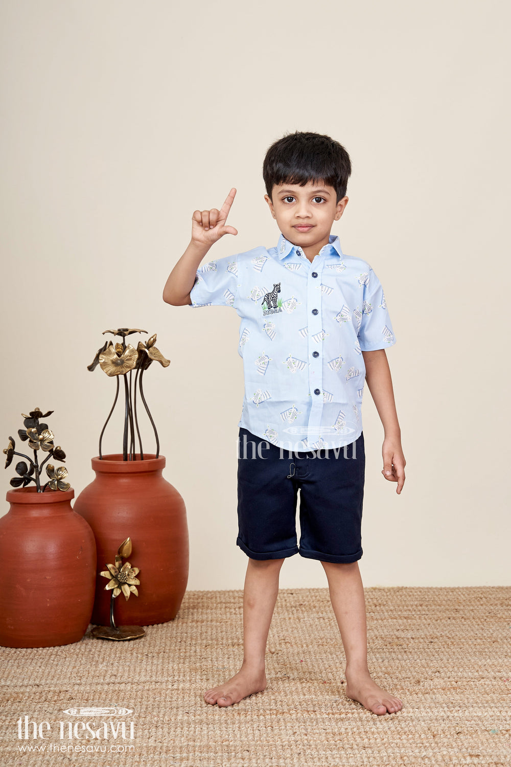 The Nesavu Boys Casual Set Boys white zebra print shirt and denim shorts set Nesavu Nesavu boys white zebra print shirt and black denim shorts set stylish casual outfit