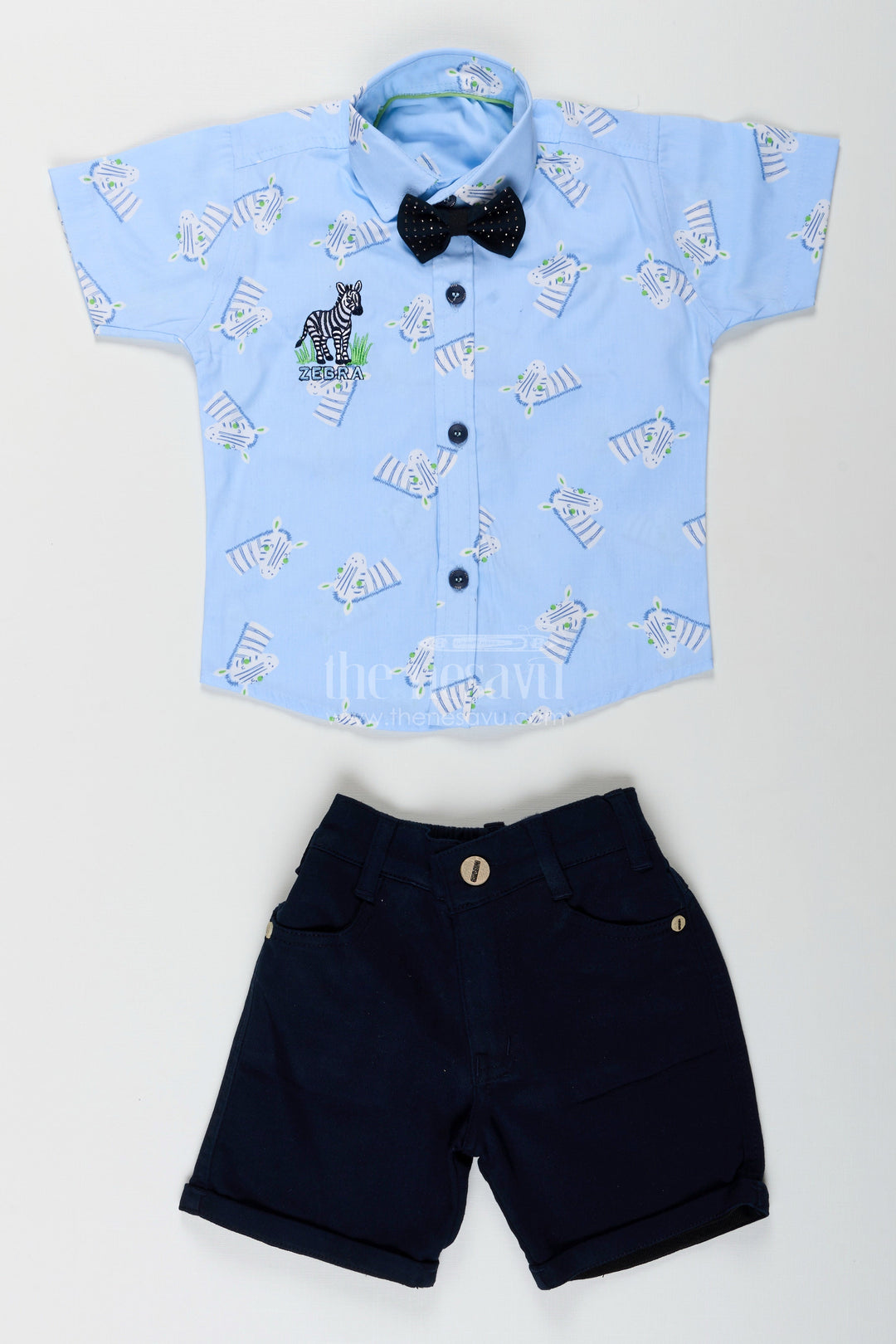 The Nesavu Boys Casual Set Boys white zebra print shirt and denim shorts set Nesavu Nesavu boys white zebra print shirt and black denim shorts set stylish casual outfit