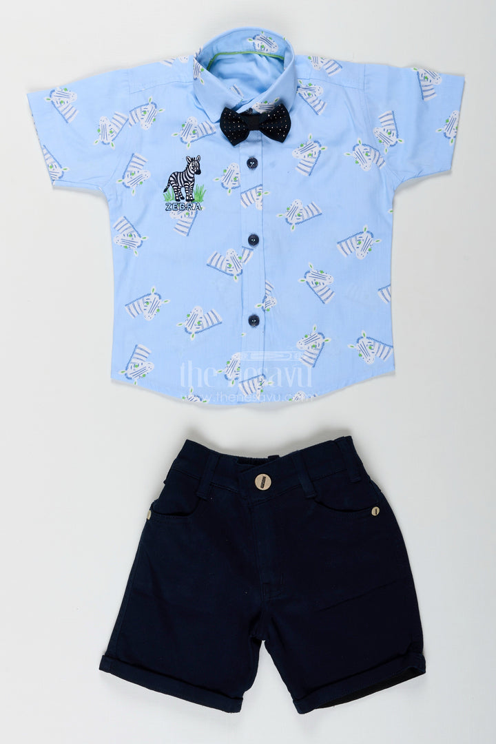 The Nesavu Boys Casual Set Boys white zebra print shirt and denim shorts set Nesavu Nesavu boys white zebra print shirt and black denim shorts set stylish casual outfit