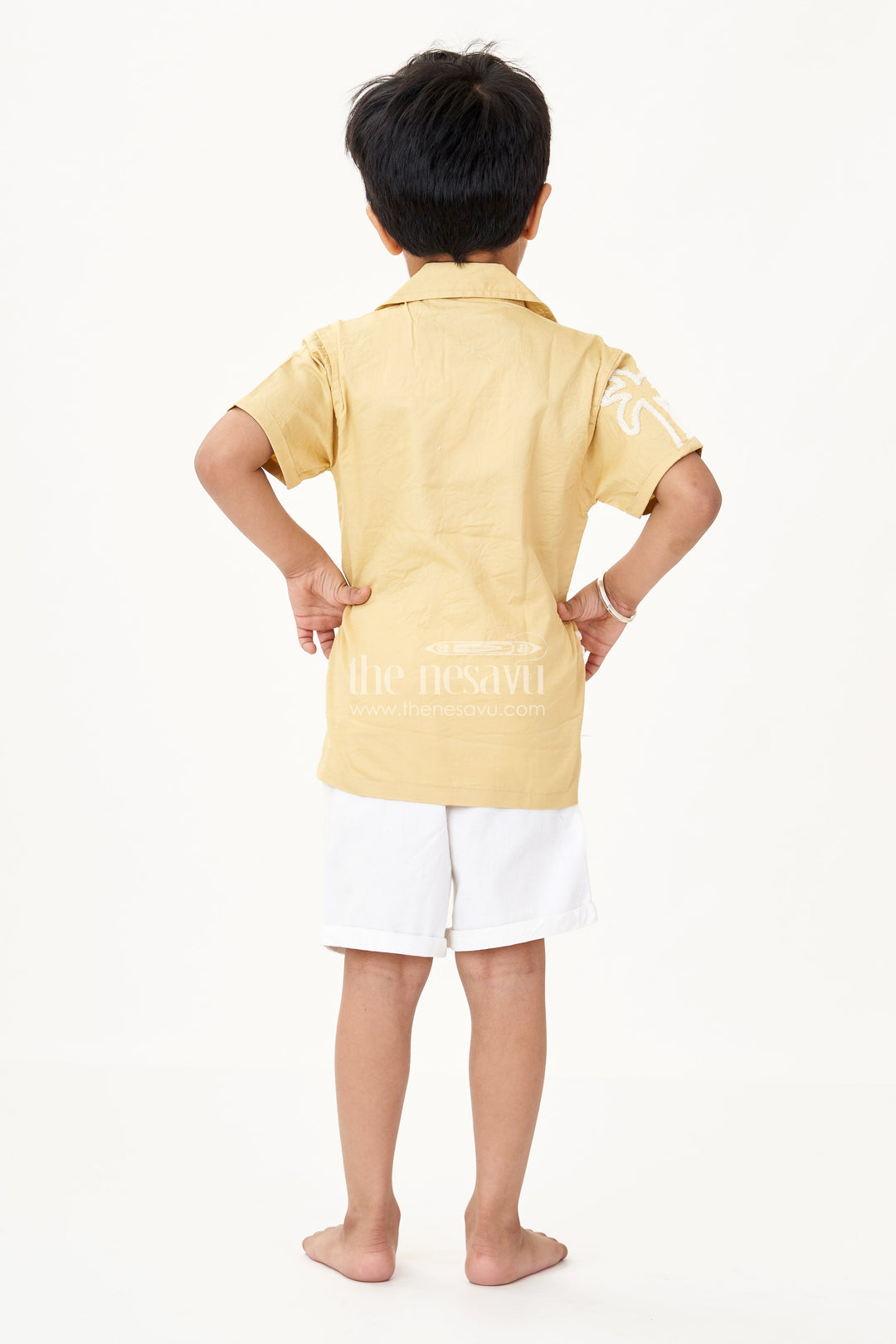 The Nesavu Boys Casual Set Boys Yellow Cotton Casual Two Piece Short Set with Chenille Embroidery and White Drawstring Shorts Nesavu Nesavu Boys Yellow Chenille Embroidered Cotton Shirt Shorts Set Casual Two Piece Summer Look