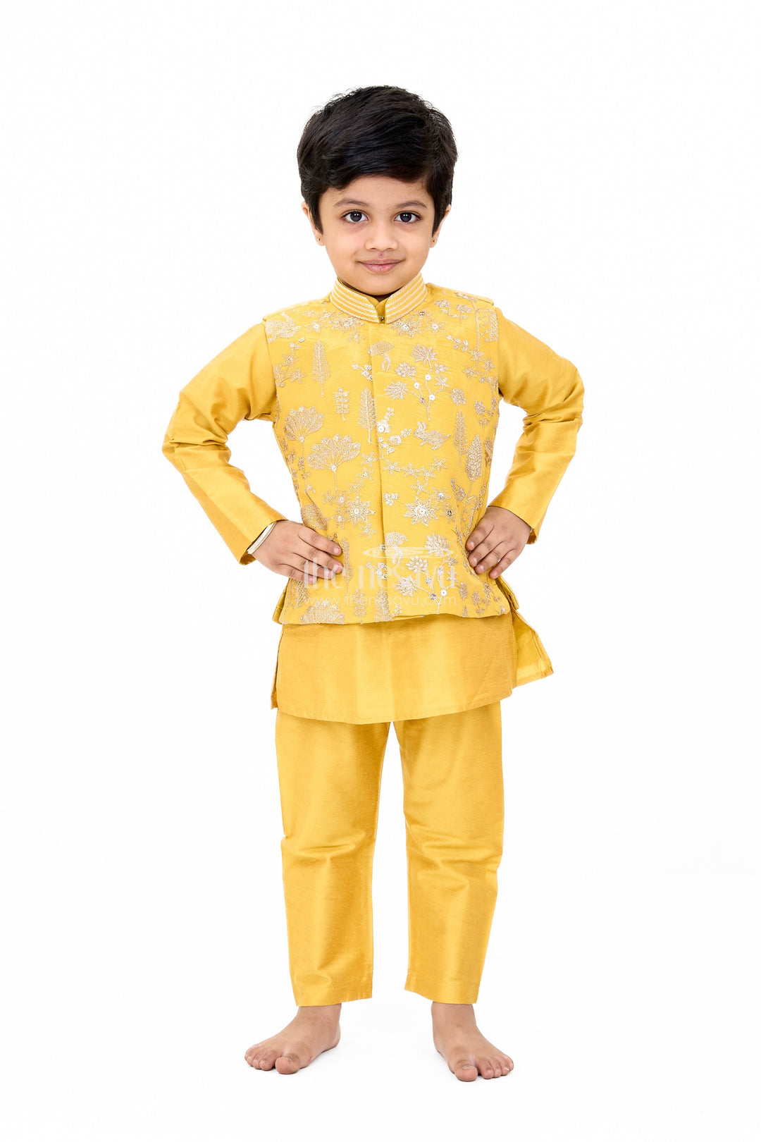 The Nesavu Boys Dothi Set Boys Yellow Kurta Set with Embroidered Jacket and Pants for Traditional Occasions Nesavu 14 (6M) / Yellow BES624B-14 Nesavu Boys Yellow Kurta Set Embroidered Jacket Matching Pants Festive Wear