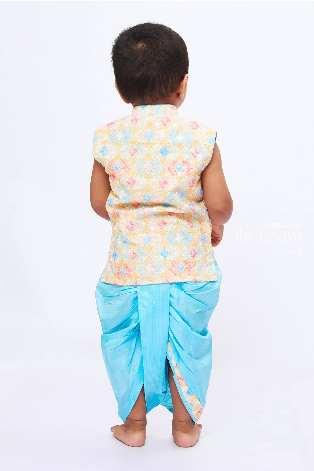 The Nesavu Boys Dothi Set Boys Yellow Kurta with Blue Silk Dhoti Set - South Indian Traditional Elegance Nesavu Traditional Yellow Kurta Dhoti Set for Boys | South Indian Silk Ensemble | The Nesavu