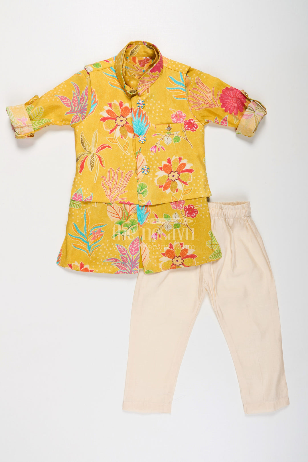 The Nesavu Boys Jacket Sets Boys Yellow Kurta with Jacket in Digital Printed Muslin Silk Featuring Vibrant Floral Detailing Nesavu Boys Yellow Muslin Silk Kurta Printed Floral Jacket Cream Pants Traditional Style | The Nesavu