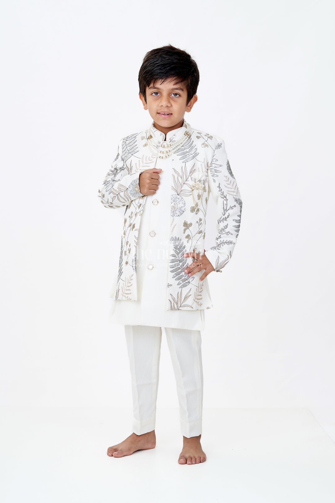 The Nesavu Boys Jacket Sets Boys Yellow Kurta with Nehru Jacket in Silk Blend with Intricate Embroidery and Designer Brooch Nesavu 14 (6M) / Cream BES643B-14 Nesavu Boys Yellow Kurta Nehru Jacket Silk Blend Embroidery Designer Brooch