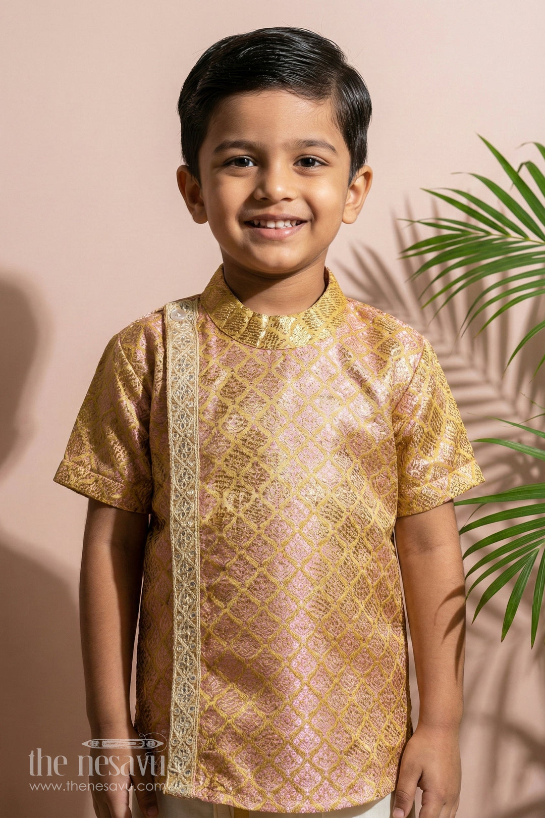 The Nesavu Boys Silk Shirt Boys Yellow Silk Shirt in Semi Banaras Weave with Gold Accents and Ornate Side Panel Detail Nesavu 16 (1Y) / Yellow BS253B-16 Yellow Silk Shirt Boys Semi Banaras Fabric Shimmer Motifs Zari Side Panel | The Nesavu