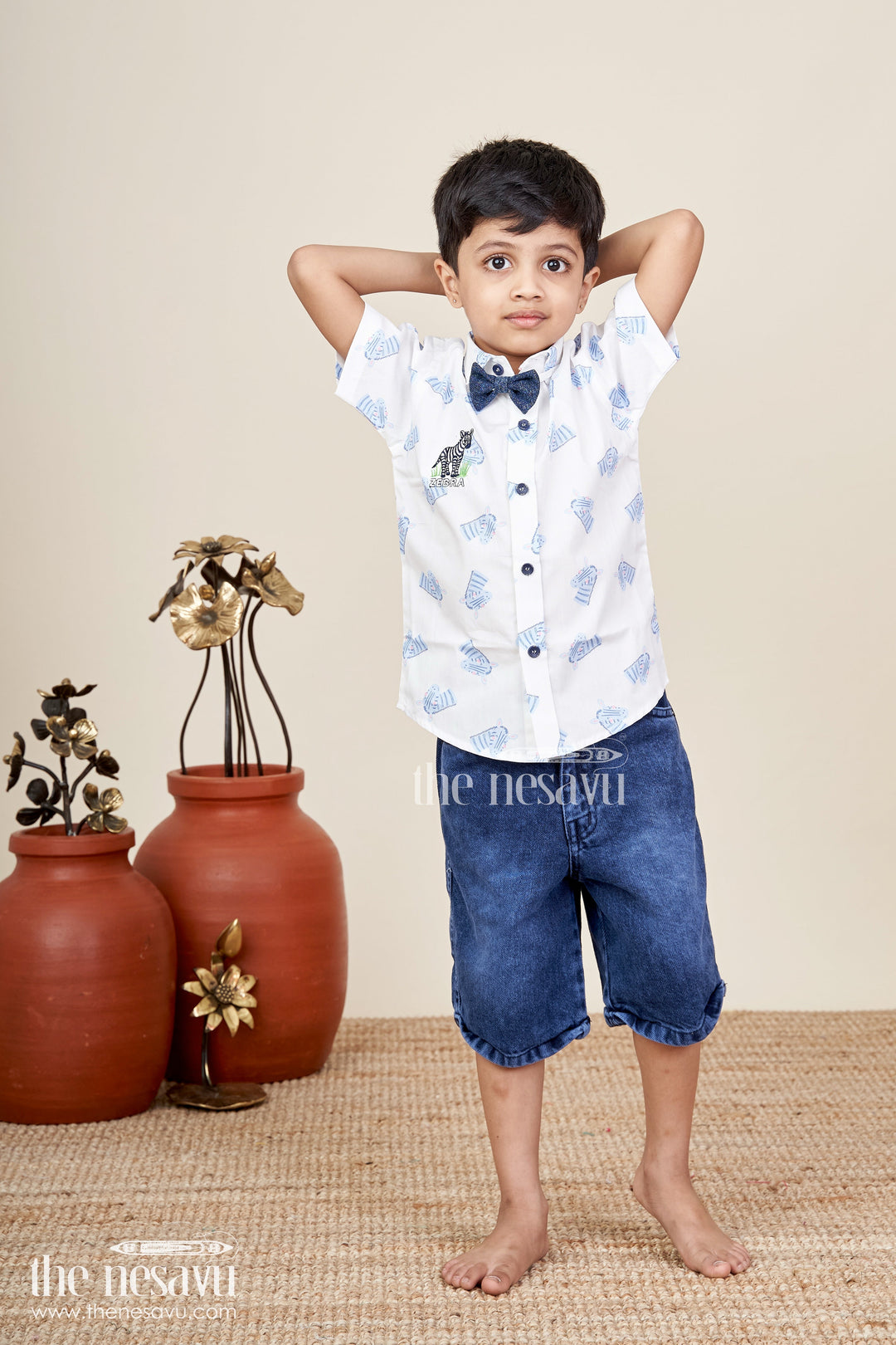 The Nesavu Boys Casual Set Boys zebra print shirt and denim shorts set for animal-themed outings Nesavu 14 (6M) / Half white BCS394B-14 Nesavu boys zebra print cotton shirt and denim shorts set perfect for casual summer fun