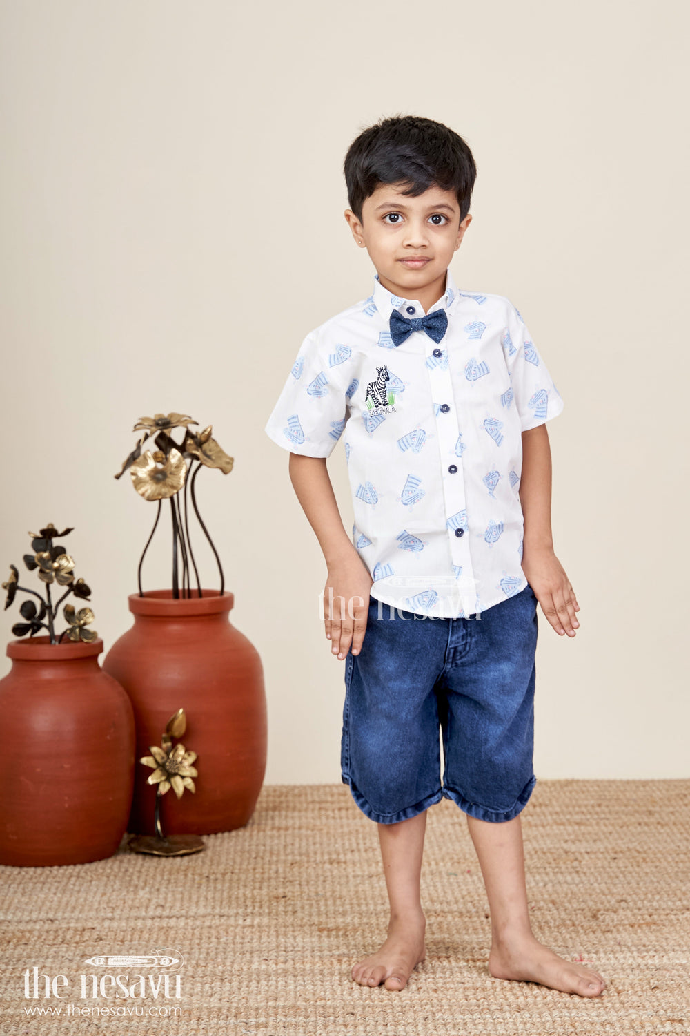 The Nesavu Boys Casual Set Boys zebra print shirt and denim shorts set for animal-themed outings Nesavu Nesavu boys zebra print cotton shirt and denim shorts set perfect for casual summer fun