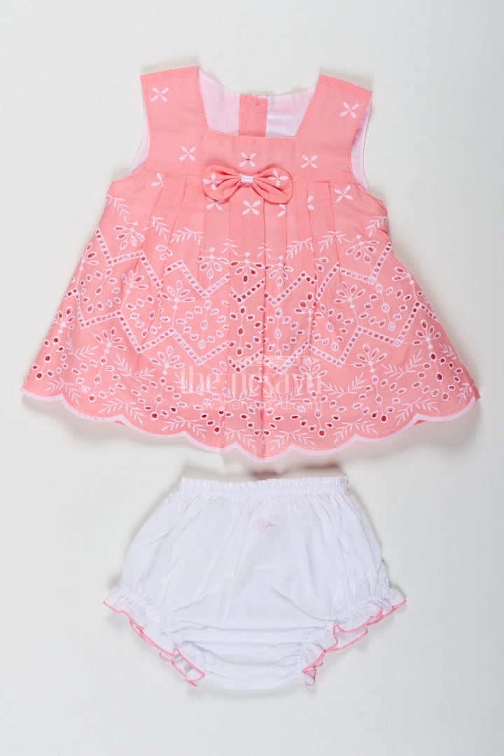 The Nesavu Baby Cotton Frocks Bridal Frock for Reception in Peach Pink with Lucknowi Embroidery and Matching Bloomers Nesavu 10 (NB) / Pink BFJ788A-10 Nesavu Bridal Frock Reception Peach Pink Cotton Lucknowi Embroidery